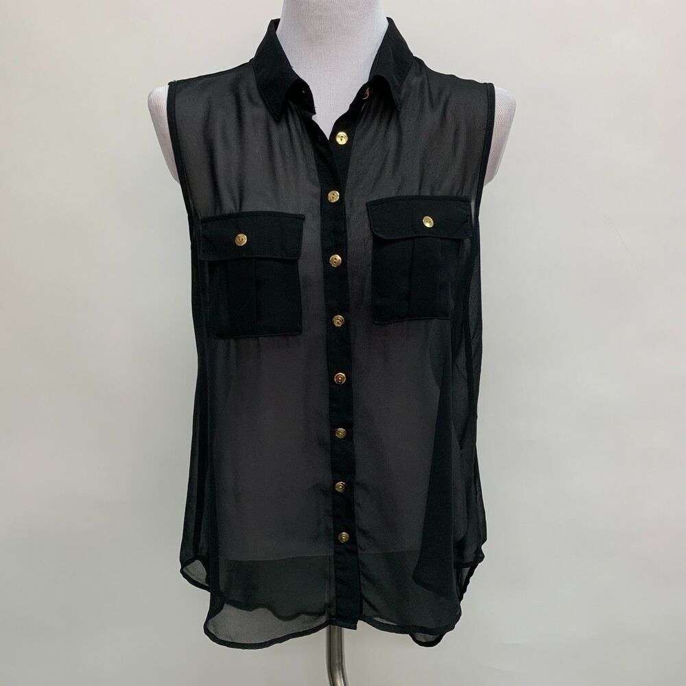 Cotton On Women's Top Small Black Sheer Sleeveless Button Down Collared